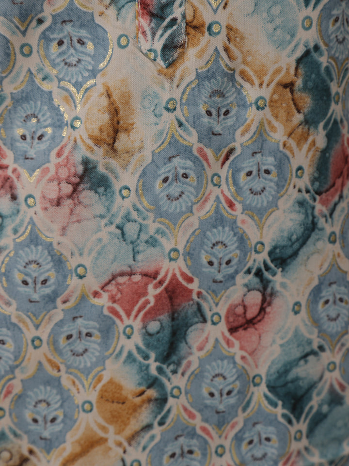 Light Blue Geometric Floral Printed Rayon Kurti - Diadem