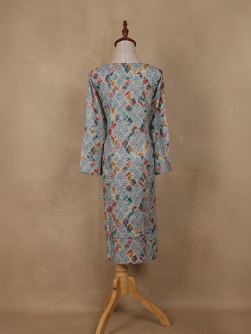 Light Blue Geometric Floral Printed Rayon Kurti - Diadem