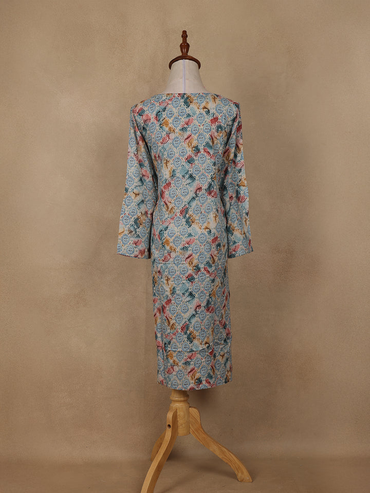 Light Blue Geometric Floral Printed Rayon Kurti - Diadem