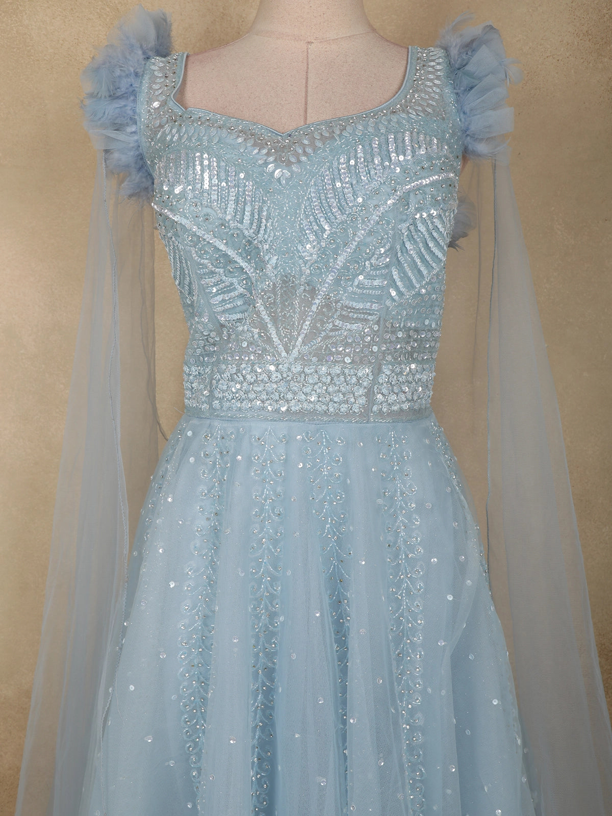 Light Blue Heavy Sequins and Beads Embroidered Design Net Party Wear Gown | Diadem Light Blue Heavy Sequins and Beads Embroidered Design Net Party Wear Gown | Diadem