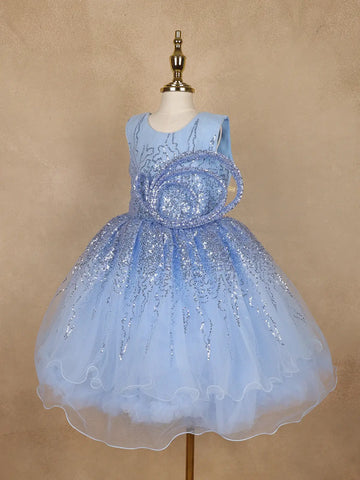 Light Blue Sequin Embellished Party Wear Net Frock - Diadem