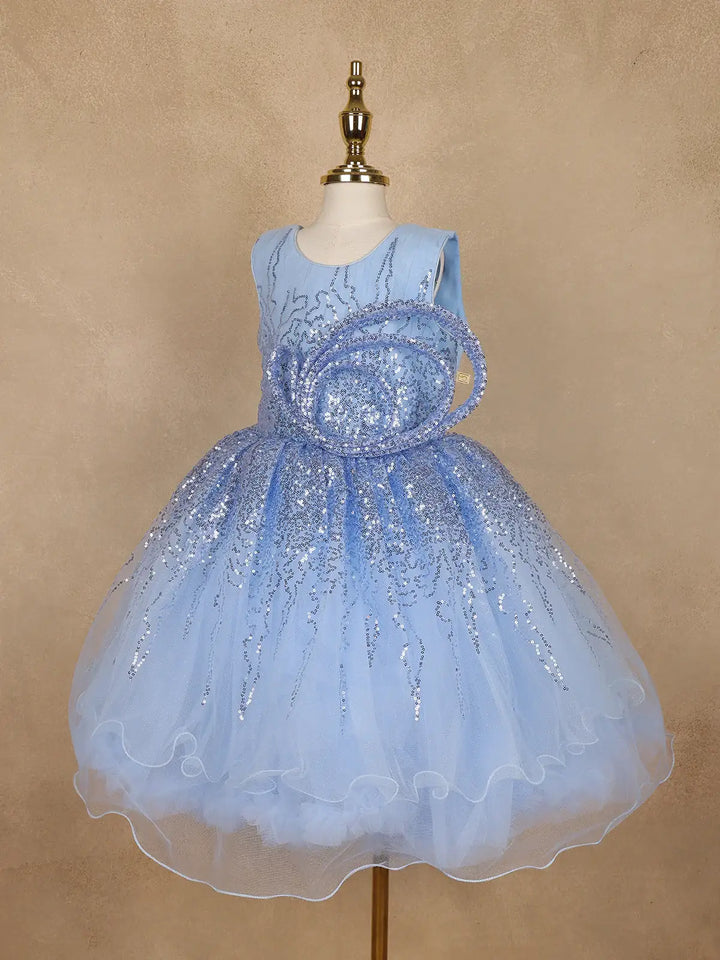 Light Blue Sequin Embellished Party Wear Net Frock - Diadem