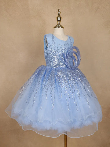 Light Blue Sequin Embellished Party Wear Net Frock - Diadem