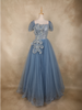 Light Blue Sequins Embellished Design Net Ball Gown with Puff Sleeves