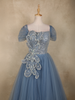Light Blue Sequins Embellished Design Net Ball Gown with Puff Sleeves