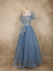 Light Blue Sequins Embellished Design Net Ball Gown with Puff Sleeves