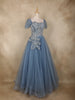Light Blue Sequins Embellished Design Net Ball Gown with Puff Sleeves