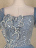 Light Blue Sequins Embellished Design Net Ball Gown with Puff Sleeves