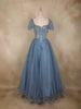 Light Blue Sequins Embellished Design Net Ball Gown with Puff Sleeves
