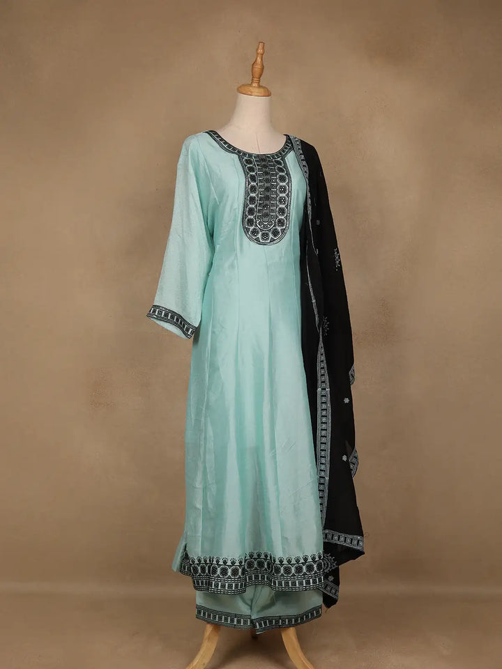 Light Blue Solid Design Silk Blend Salwar Suit With Dupatta - Diadem