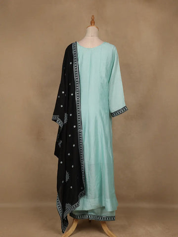 Light Blue Solid Design Silk Blend Salwar Suit With Dupatta - Diadem