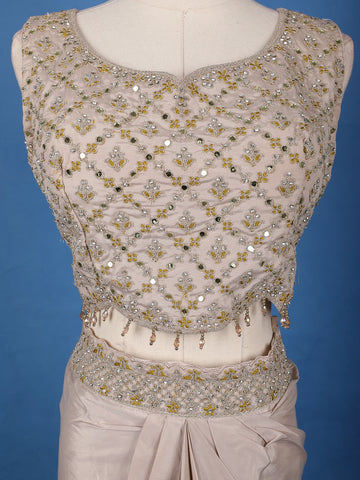 Light Brown Floral Embroidered Cape Style Draped Synthetic Skirt Top - Diadem