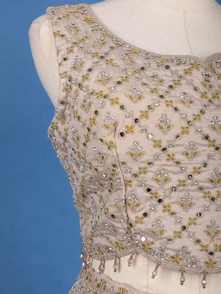Light Brown Floral Embroidered Cape Style Draped Synthetic Skirt Top - Diadem