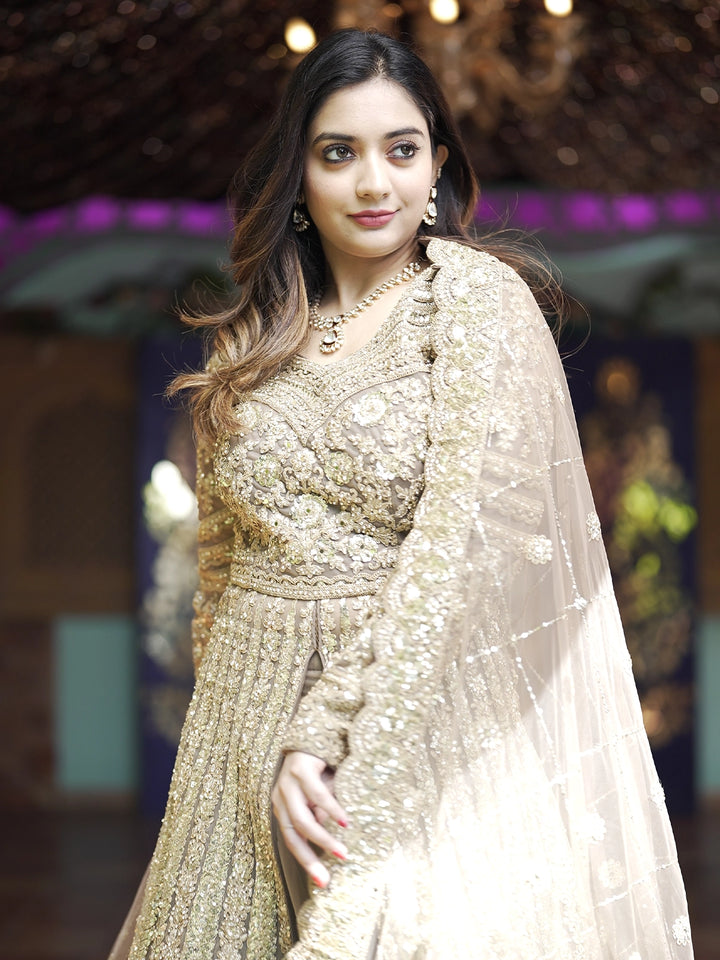 Light Brown Floral Embroidery Net Lehenga - Diadem