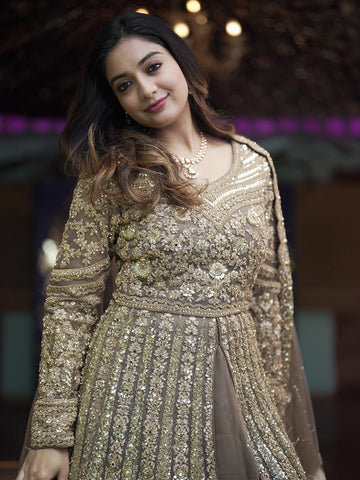 Light Brown Floral Embroidery Net Lehenga - Diadem