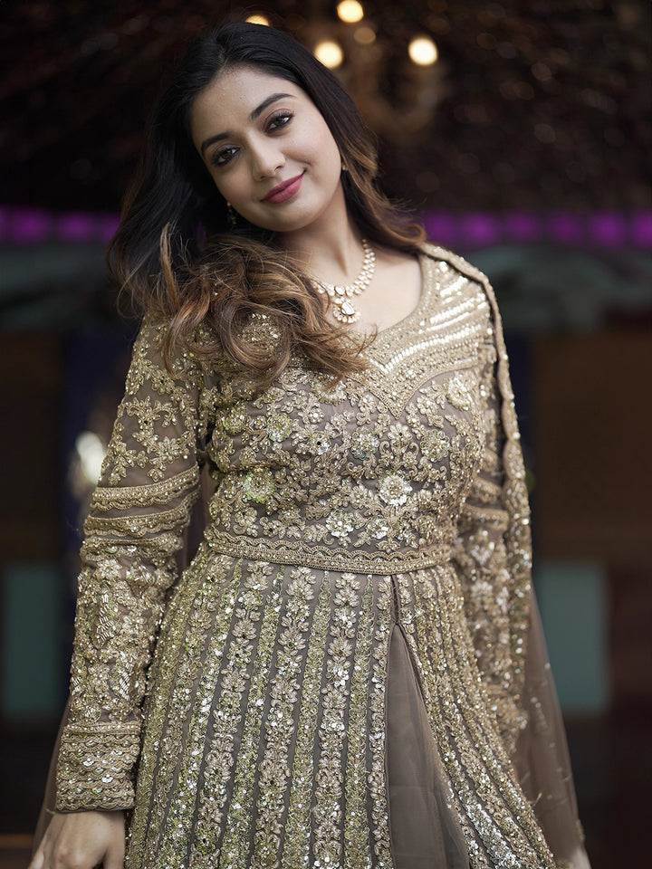 Light Brown Floral Embroidery Net Lehenga - Diadem