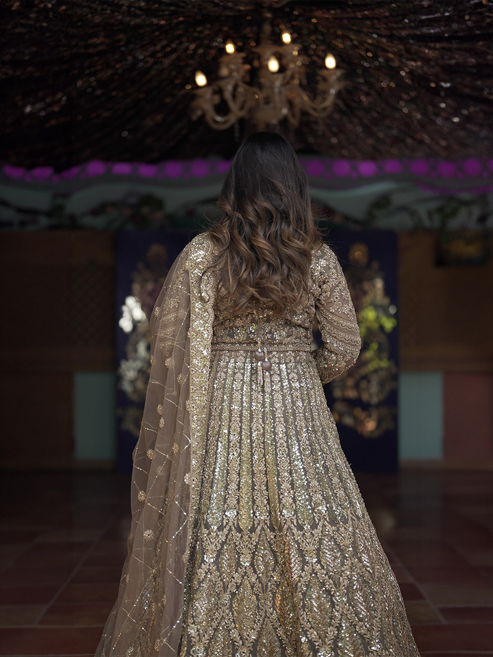 Light Brown Floral Embroidery Net Lehenga - Diadem