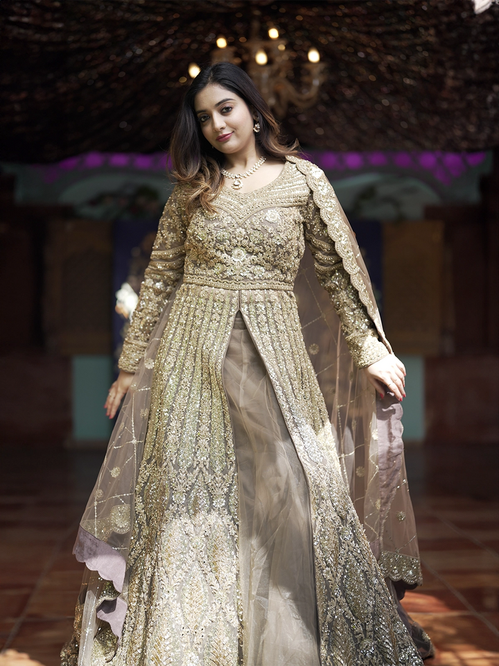 Light Brown Floral Embroidery Net Lehenga - Diadem