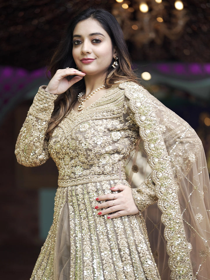 Light Brown Floral Embroidery Net Lehenga - Diadem