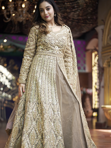 Light Brown Floral Embroidery Net Lehenga - Diadem