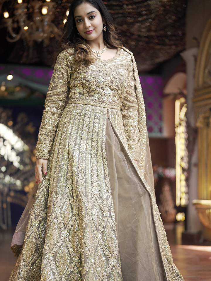 Light Brown Floral Embroidery Net Lehenga - Diadem