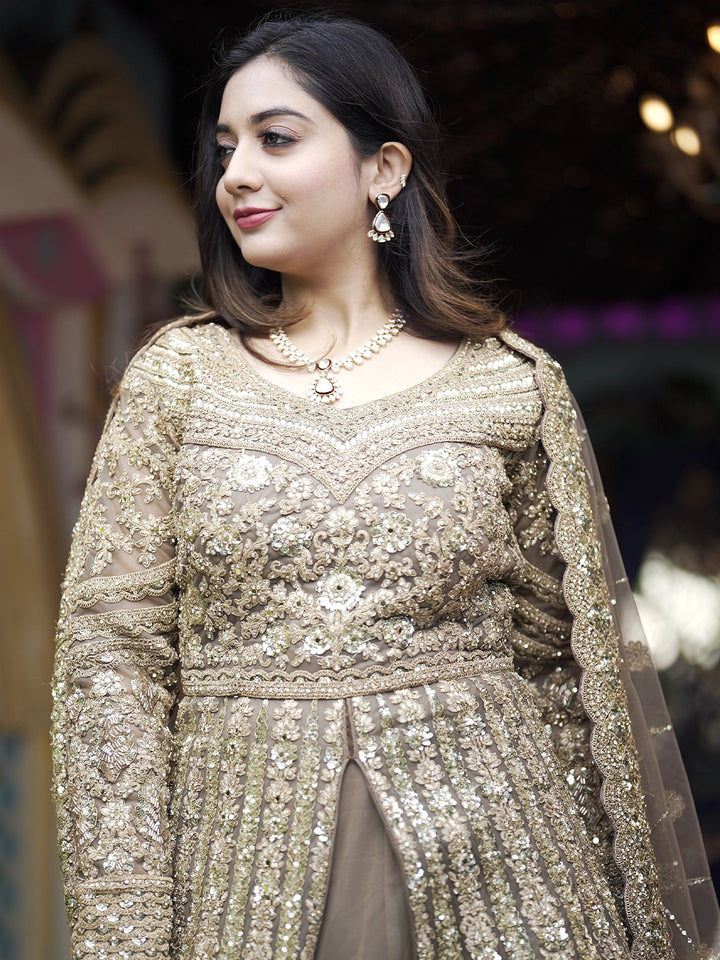 Light Brown Floral Embroidery Net Lehenga - Diadem