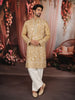 Light Brown Floral and Motif Thread Embroidered Design Tissue Silk Men's Kurta Pyjama