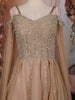 Light Brown Sequins Embellished Net Partywear Gown with Cape Sleeves