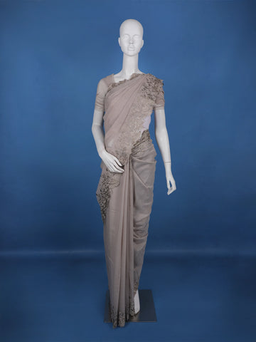 Light Brown Solid Design Tissue Saree With Scalloped Floral Embroidered Border - Diadem