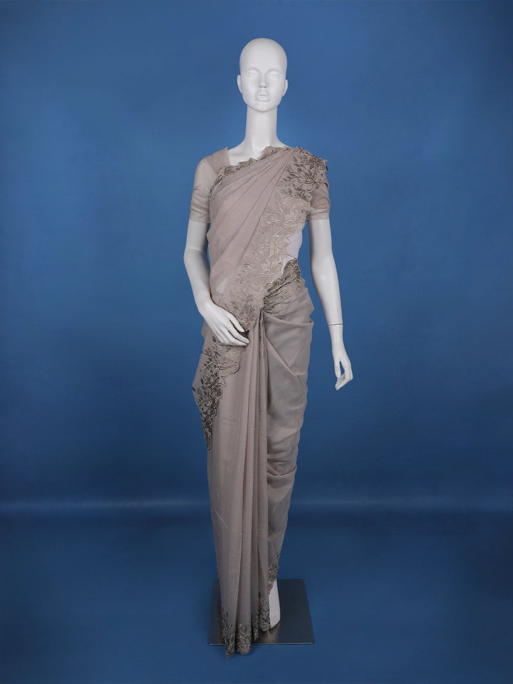 Light Brown Solid Design Tissue Saree With Scalloped Floral Embroidered Border - Diadem
