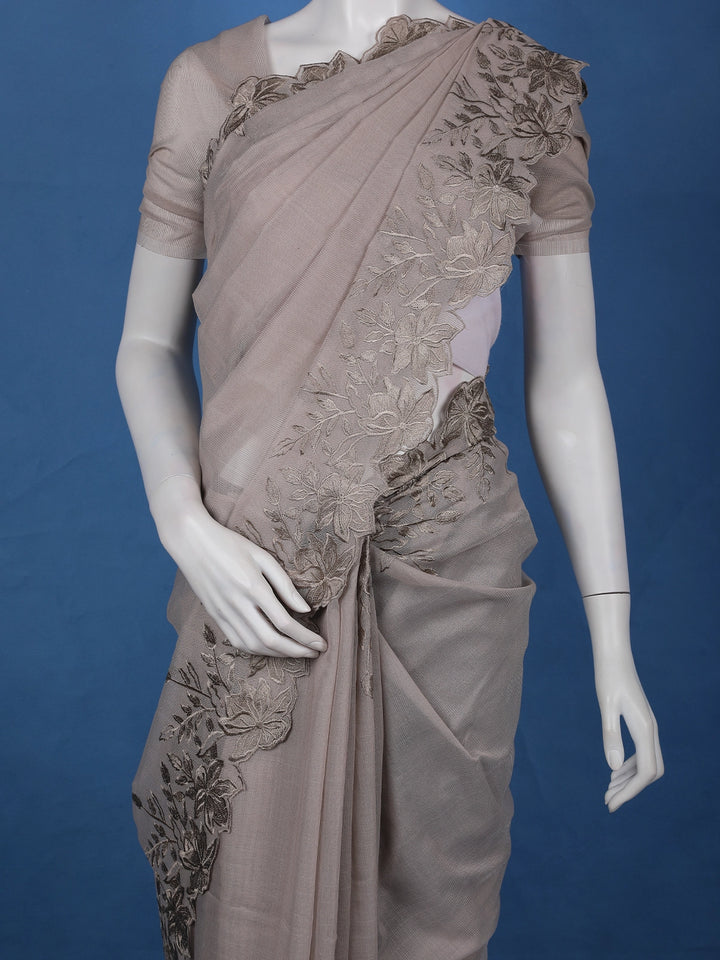 Light Brown Solid Design Tissue Saree With Scalloped Floral Embroidered Border - Diadem
