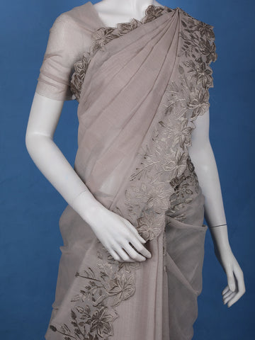 Light Brown Solid Design Tissue Saree With Scalloped Floral Embroidered Border - Diadem