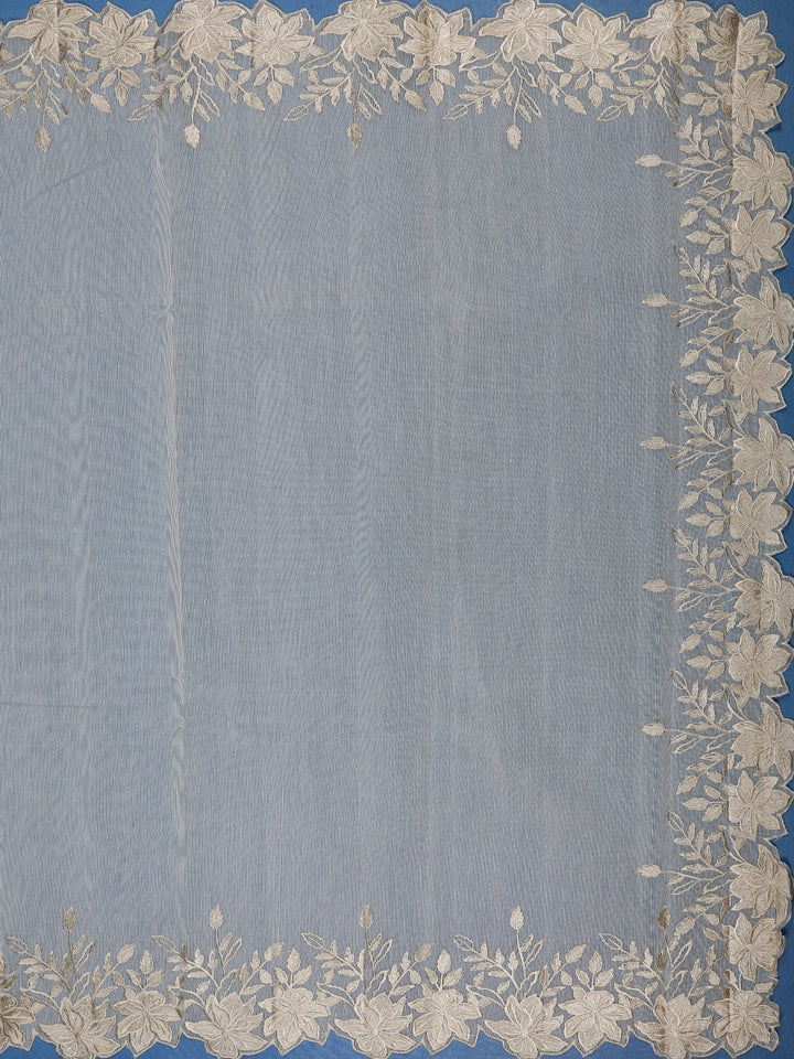 Light Brown Solid Design Tissue Saree With Scalloped Floral Embroidered Border - Diadem