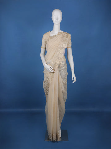 Light Brown Solid Design Tissue Saree With Scalloped Floral Embroidered Border - Diadem