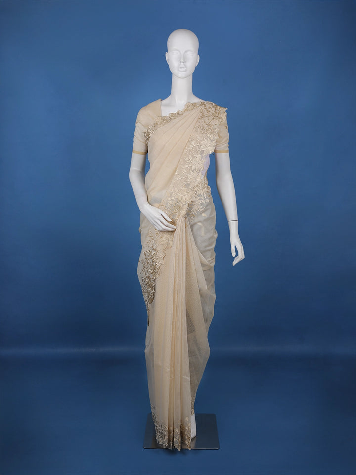 Light Brown Solid Design Tissue Saree With Scalloped Floral Embroidered Border - Diadem