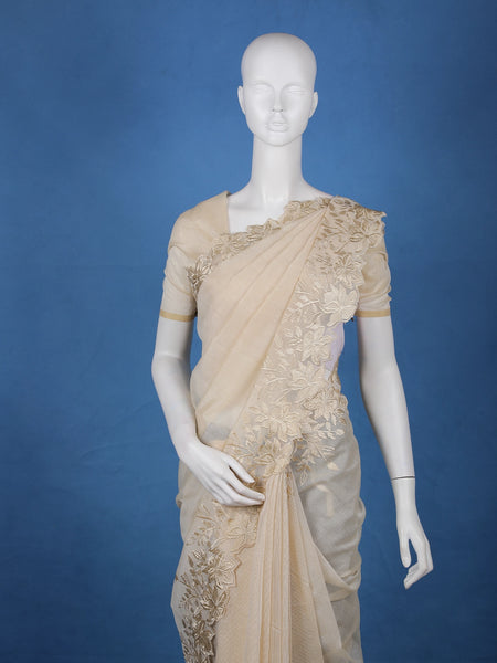 Light Brown Solid Design Tissue Saree With Scalloped Floral Embroidered Border - Diadem