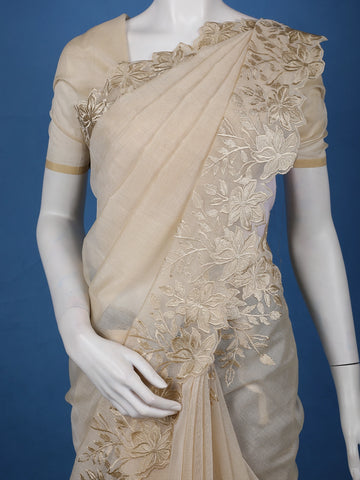 Light Brown Solid Design Tissue Saree With Scalloped Floral Embroidered Border - Diadem