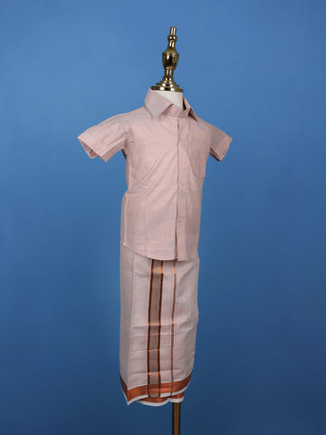 Light Copper Silk Dhoti With Matching Half Sleeve Shirt - Diadem