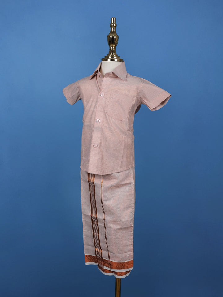 Light Copper Silk Dhoti With Matching Half Sleeve Shirt - Diadem