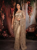 Light Golden Beige Floral Vine Sequins Embroidered Design Net Party Wear Saree with Scalloped Border
