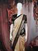 Light Golden Beige Geometric Butta Zari Woven Design Pure Kanchipuram Silk Saree with Contrast Double Zari Border