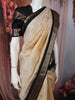 Light Golden Beige Geometric Butta Zari Woven Design Pure Kanchipuram Silk Saree with Contrast Double Zari Border