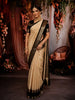 Light Golden Beige Geometric Butta Zari Woven Design Pure Kanchipuram Silk Saree with Contrast Double Zari Border