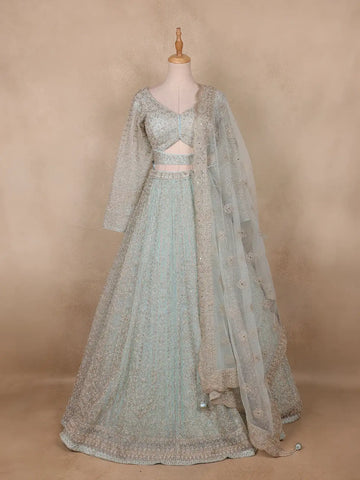 Light Green Floral And Sequins Embroidered Net Bridal Lehenga Set - Diadem