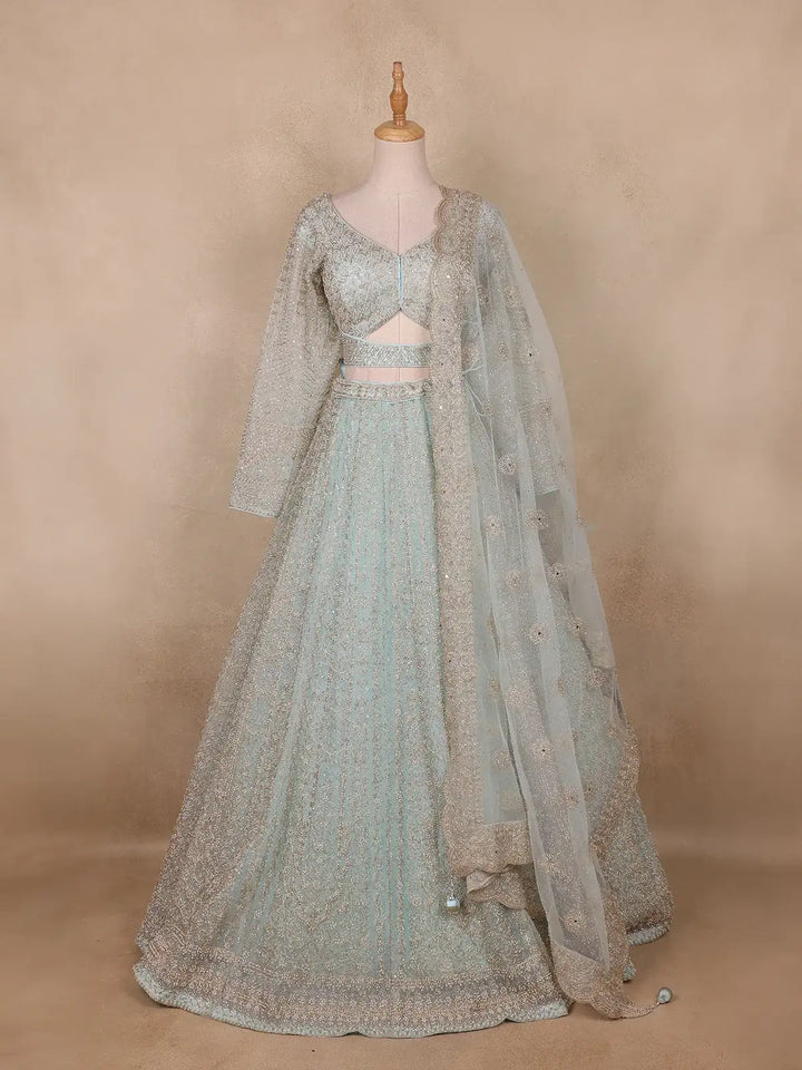 Light Green Floral And Sequins Embroidered Net Bridal Lehenga Set - Diadem