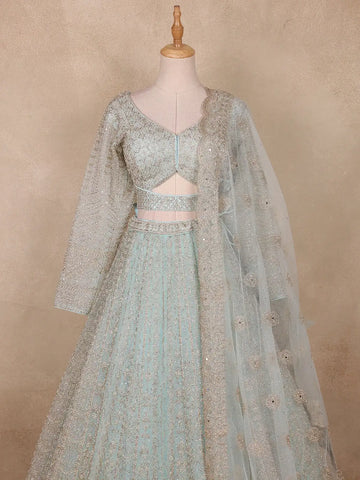 Light Green Floral And Sequins Embroidered Net Bridal Lehenga Set - Diadem