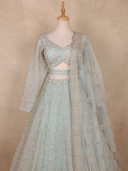 Light Green Floral And Sequins Embroidered Net Bridal Lehenga Set - Diadem