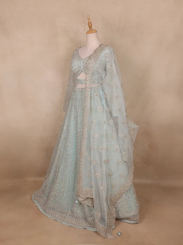 Light Green Floral And Sequins Embroidered Net Bridal Lehenga Set - Diadem