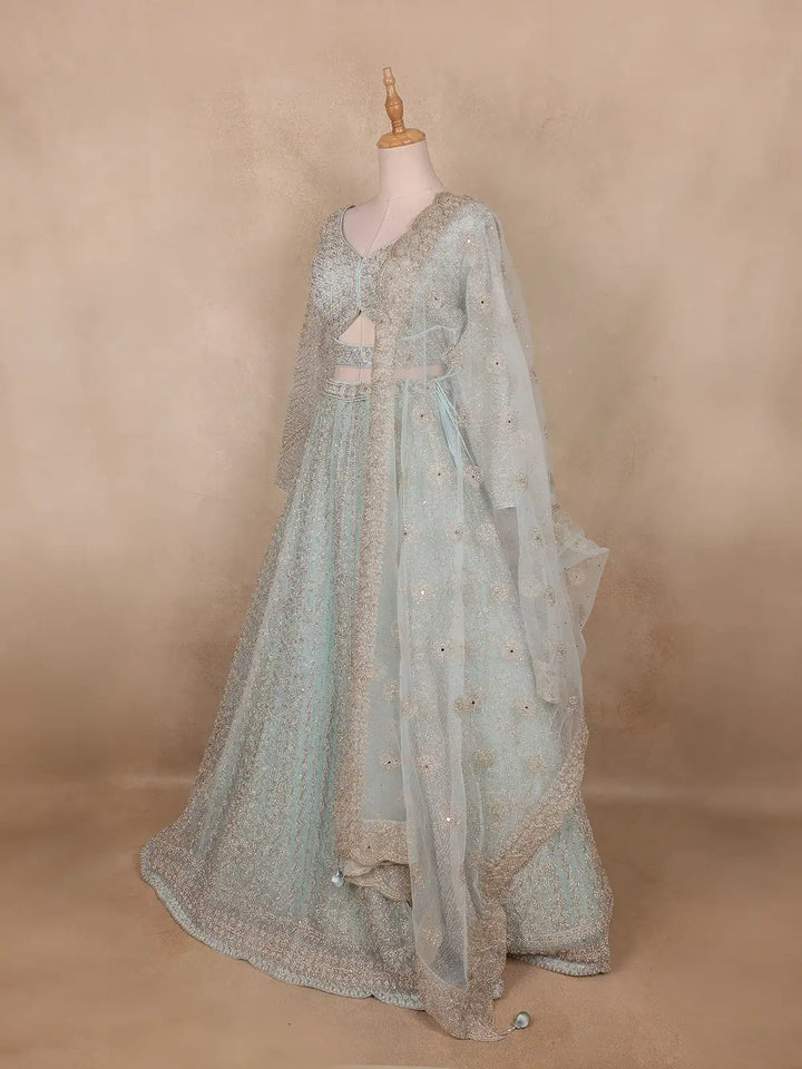 Light Green Floral And Sequins Embroidered Net Bridal Lehenga Set - Diadem
