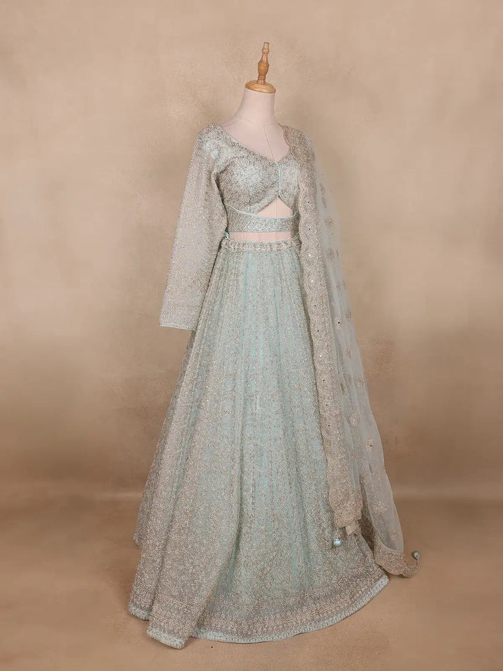 Light Green Floral And Sequins Embroidered Net Bridal Lehenga Set - Diadem